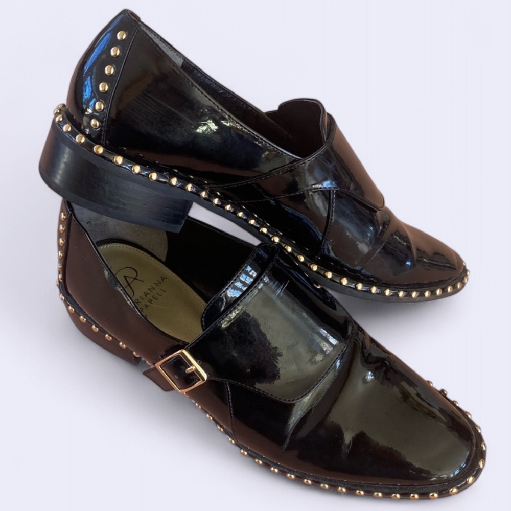 Adrianna Papell Black Patent Loafers with Gold Studs